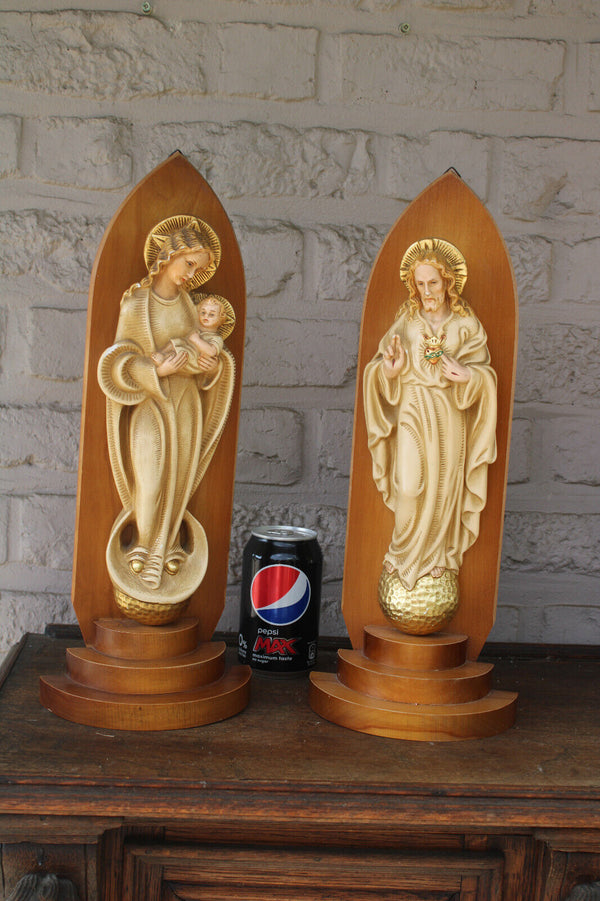 PAIR religious ceramic jesus mary statue on wood console