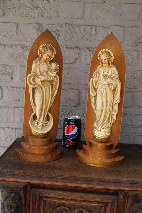 PAIR religious ceramic jesus mary statue on wood console