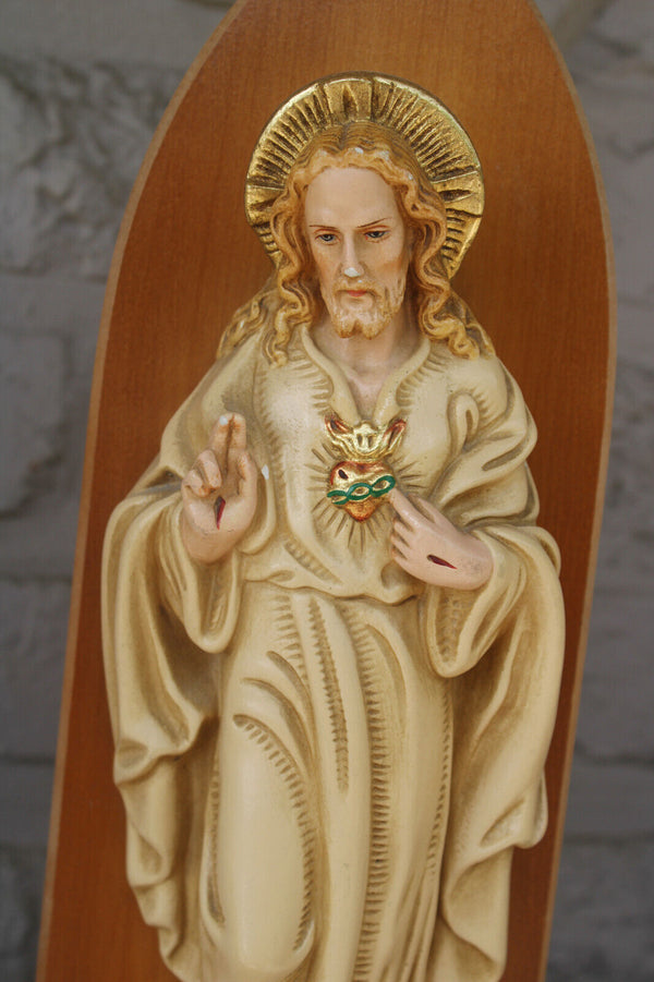 PAIR religious ceramic jesus mary statue on wood console