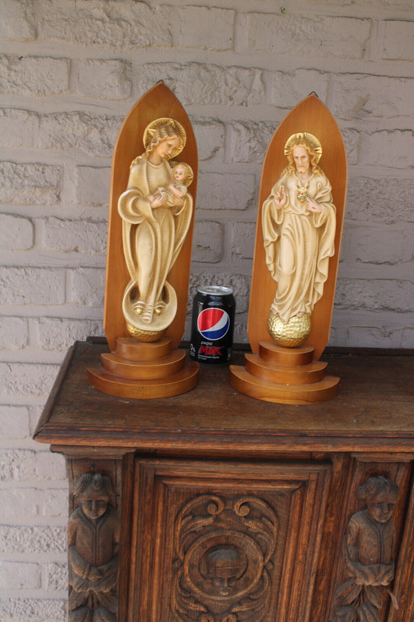 PAIR religious ceramic jesus mary statue on wood console