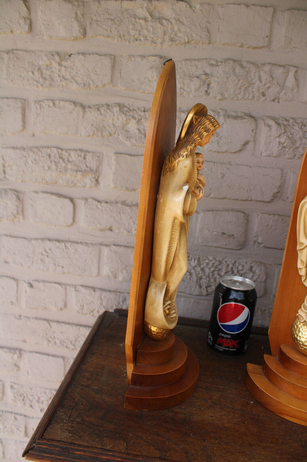 PAIR religious ceramic jesus mary statue on wood console