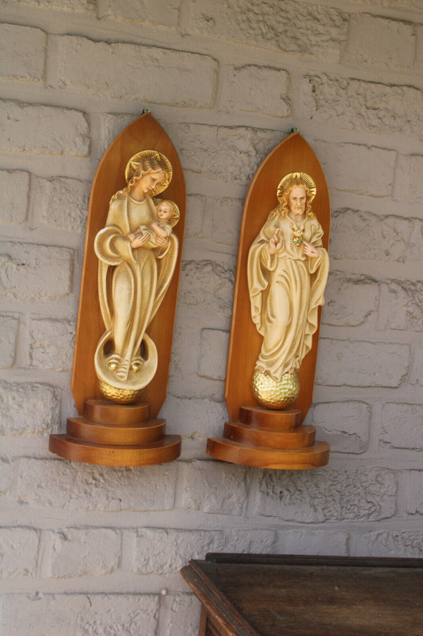 PAIR religious ceramic jesus mary statue on wood console