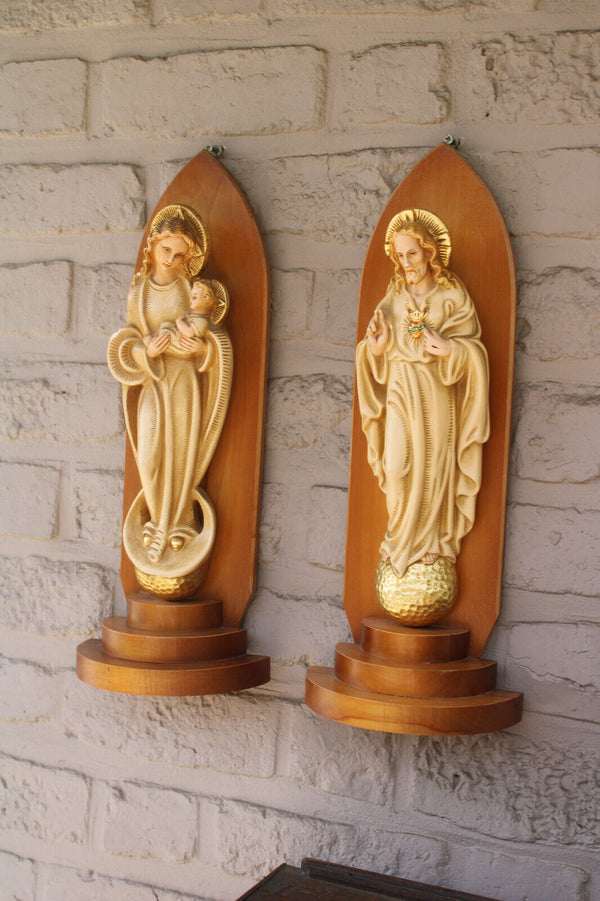 PAIR religious ceramic jesus mary statue on wood console