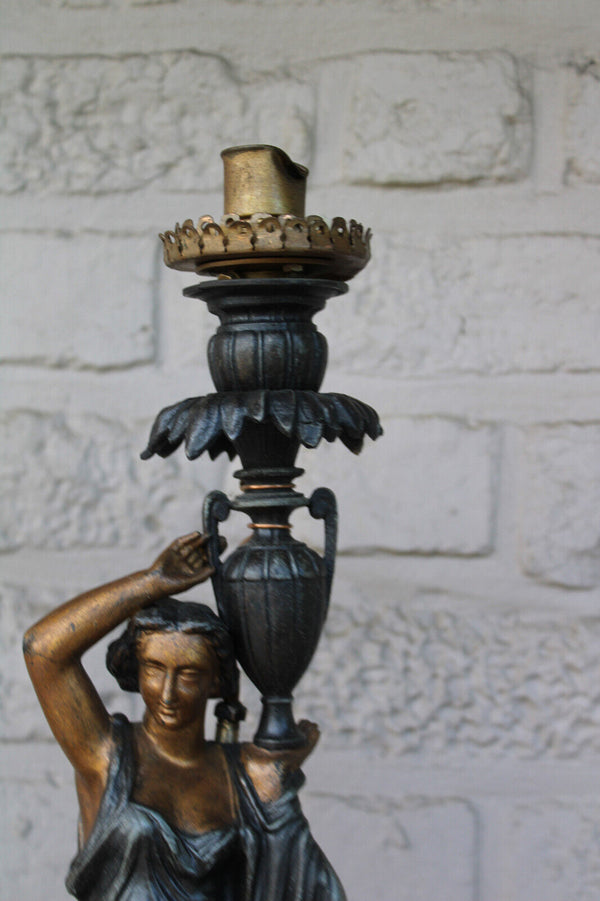 Antique pair spelter on marble base lady amphore vase lamps statue