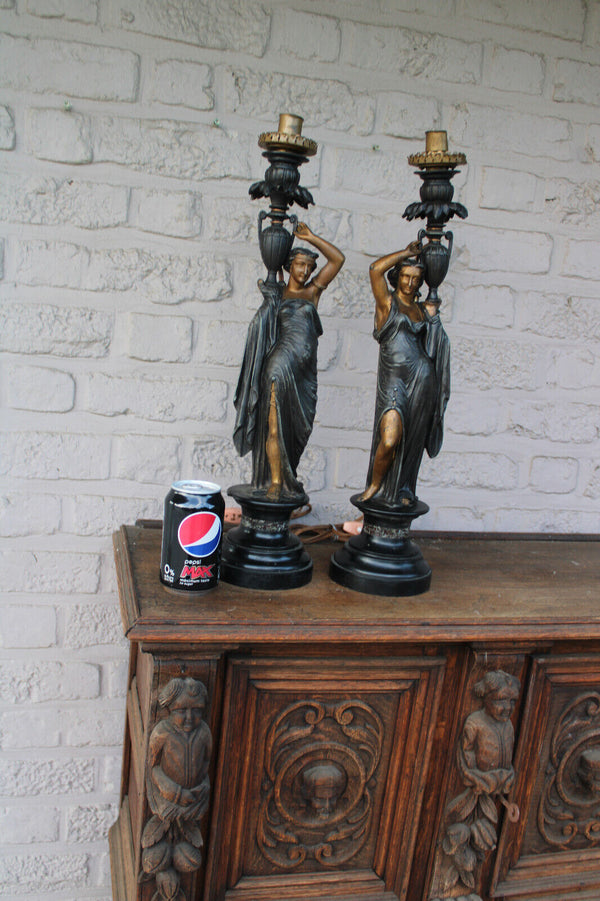 Antique pair spelter on marble base lady amphore vase lamps statue