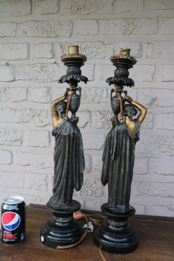 Antique pair spelter on marble base lady amphore vase lamps statue