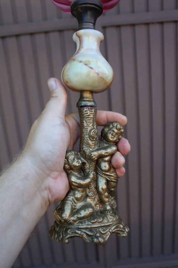 Antique Bronze onyx glass putti cherub oil lamp rare