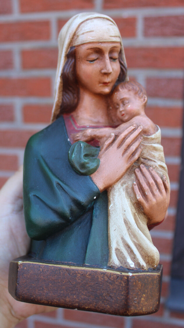 Antique ceramic chalk bust statue madonna child signed