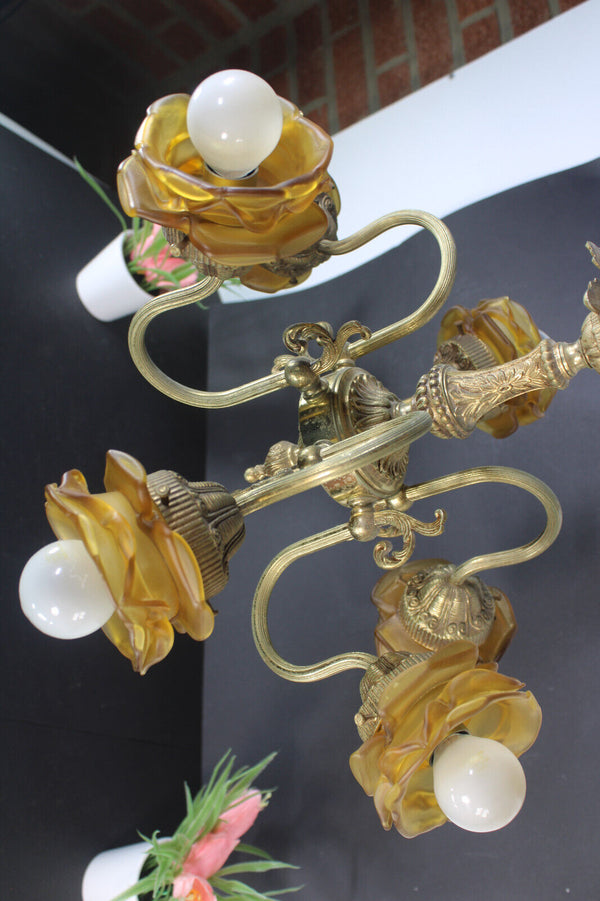 Antique bronze amber glass tulip shades chandelier lamp lightning