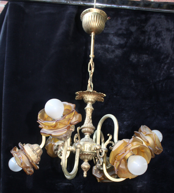 Antique bronze amber glass tulip shades chandelier lamp lightning