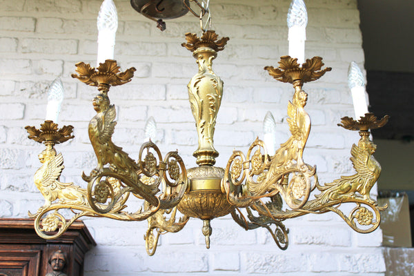 Antique Bronze 6 arm heraldic winged lion chandelier lamp rare