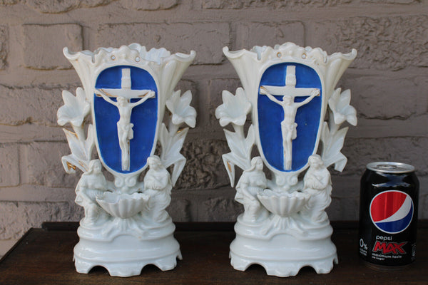 PAIR antique vieux paris porcelain holy water font crucifix vases angels rare