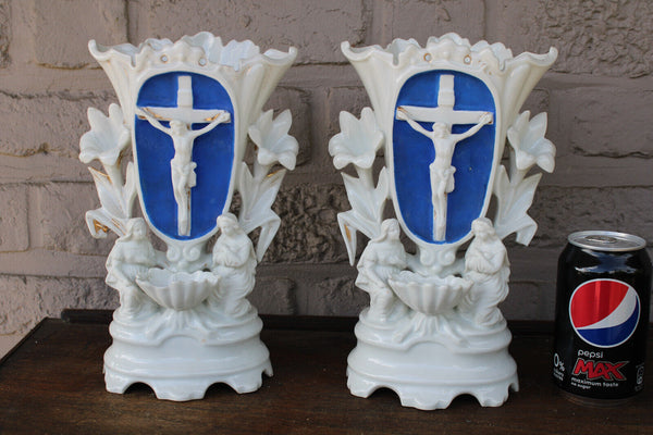 PAIR antique vieux paris porcelain holy water font crucifix vases angels rare