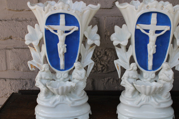 PAIR antique vieux paris porcelain holy water font crucifix vases angels rare