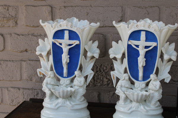 PAIR antique vieux paris porcelain holy water font crucifix vases angels rare