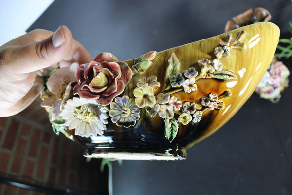 Antique art nouveau barbotine majolica mantel set vases floral decor