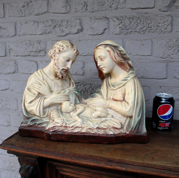 Antique Belgian ARNOVA marked ceramic chalk holy family statue mary joseph jesus