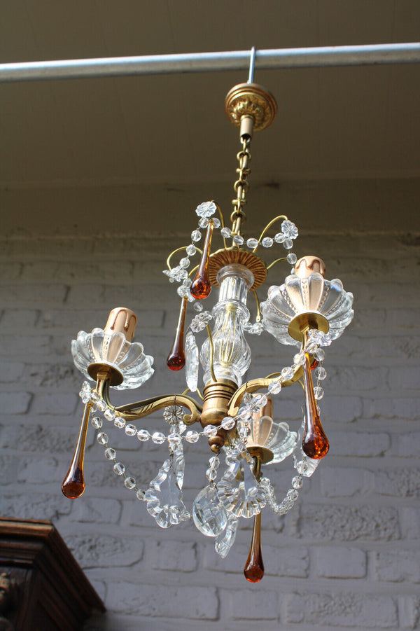 Vintage 1970 French crystal murano glass drops clear amber chandelier lamp