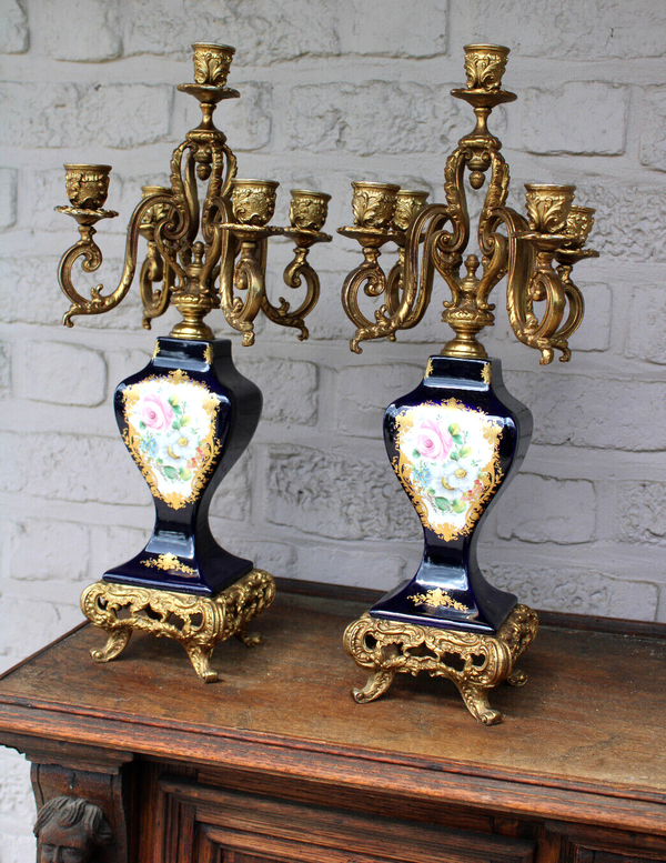 PAIR ACF sevres porcelain candelabras candle holder floral decor