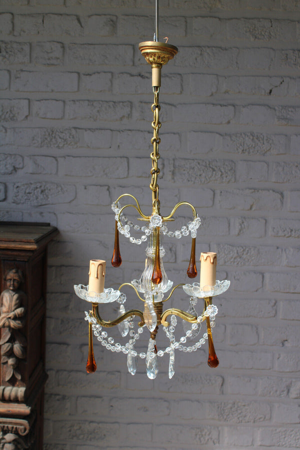 Vintage 1970 French crystal murano glass drops clear amber chandelier lamp