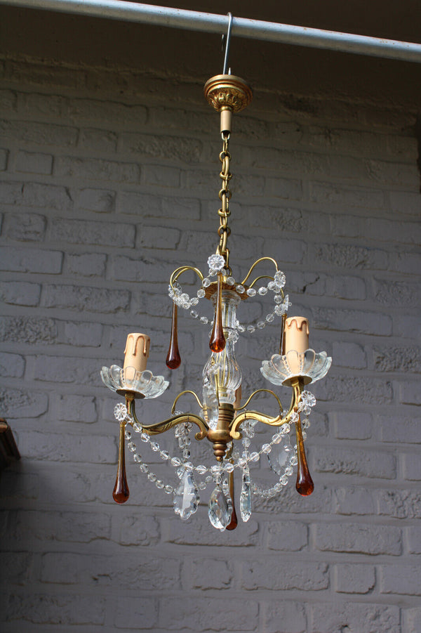 Vintage 1970 French crystal murano glass drops clear amber chandelier lamp
