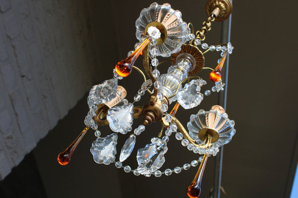 Vintage 1970 French crystal murano glass drops clear amber chandelier lamp