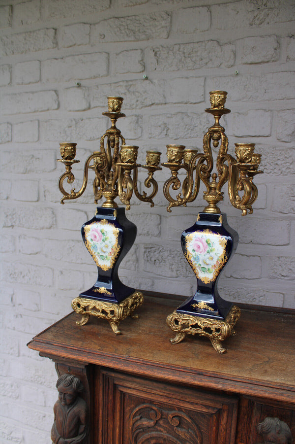 PAIR ACF sevres porcelain candelabras candle holder floral decor