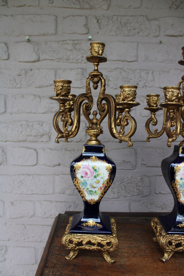 PAIR ACF sevres porcelain candelabras candle holder floral decor