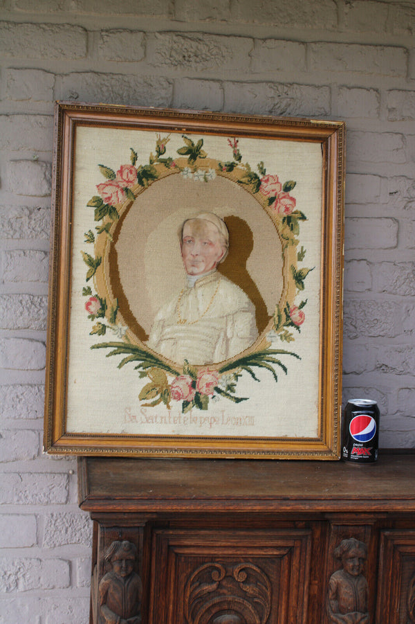 Antique embroidery handwork of pope leo XIII portrait french religious frame