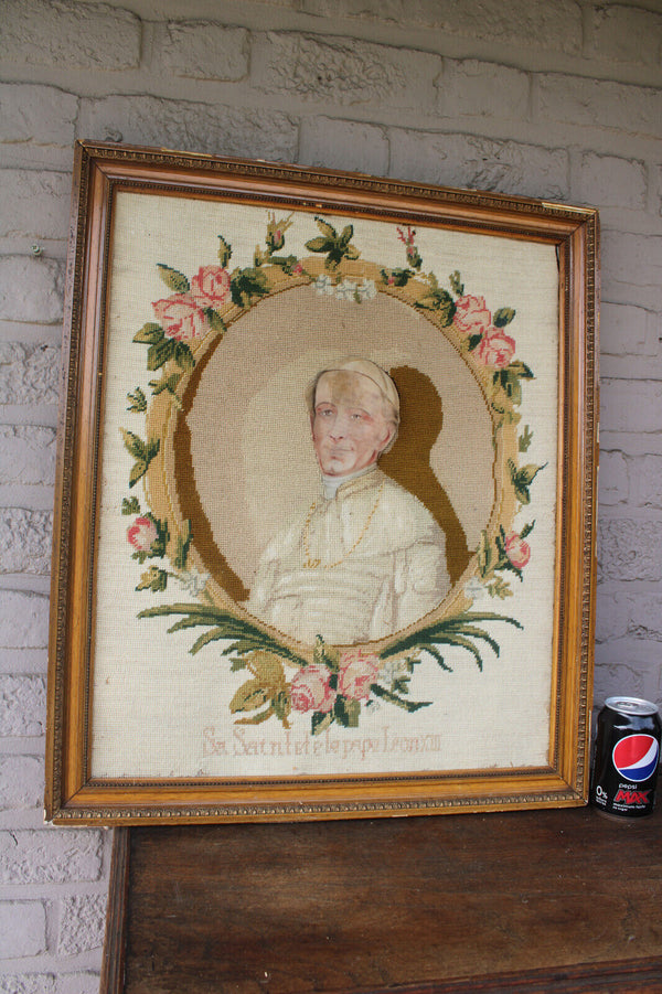 Antique embroidery handwork of pope leo XIII portrait french religious frame