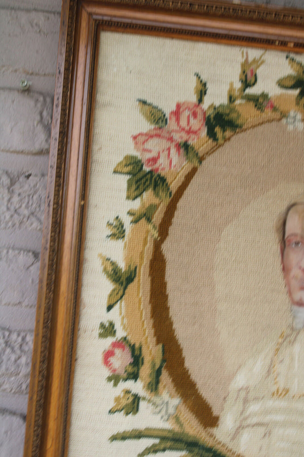 Antique embroidery handwork of pope leo XIII portrait french religious frame