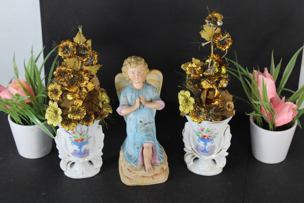 Antique vieux paris angel praying figurine vases silk flowers bouquet