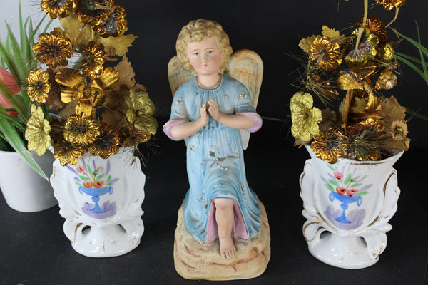 Antique vieux paris angel praying figurine vases silk flowers bouquet
