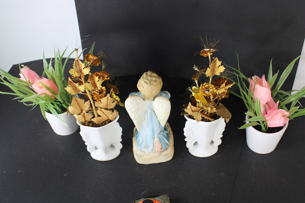 Antique vieux paris angel praying figurine vases silk flowers bouquet