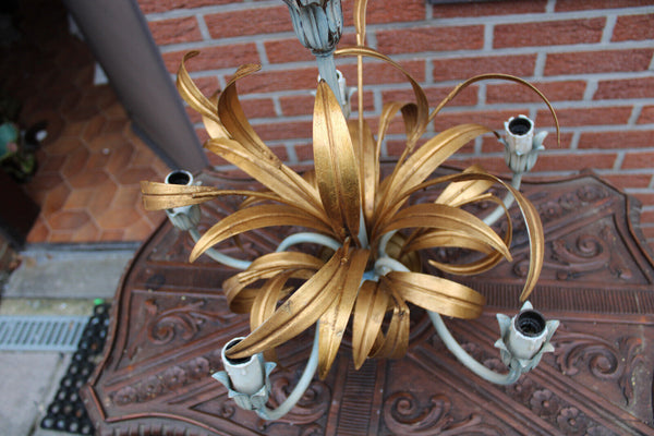 Vintage 1960 metal gold gilt leaf chandelier lamp attr hans kogl