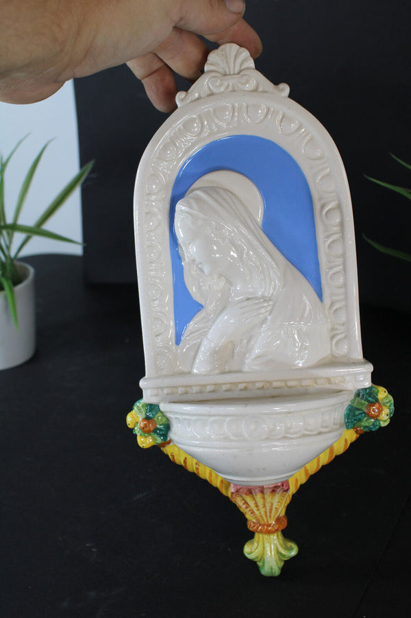 Vintage italian ceramic madonna relief holy water font wal religious