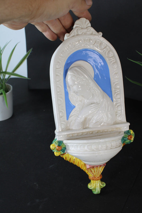 Vintage italian ceramic madonna relief holy water font wal religious