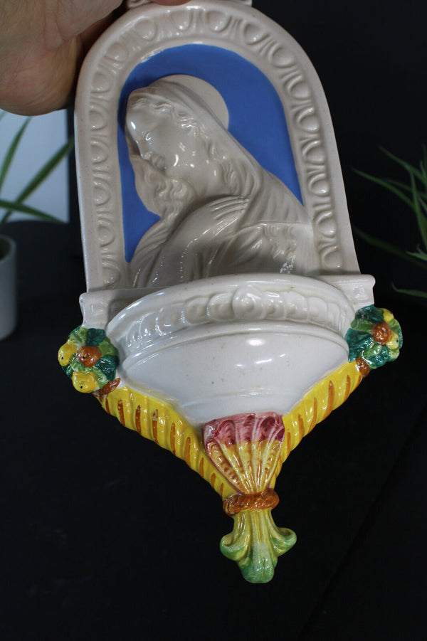 Vintage italian ceramic madonna relief holy water font wal religious