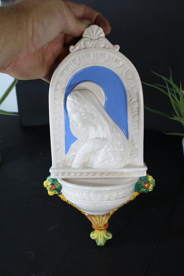 Vintage italian ceramic madonna relief holy water font wal religious