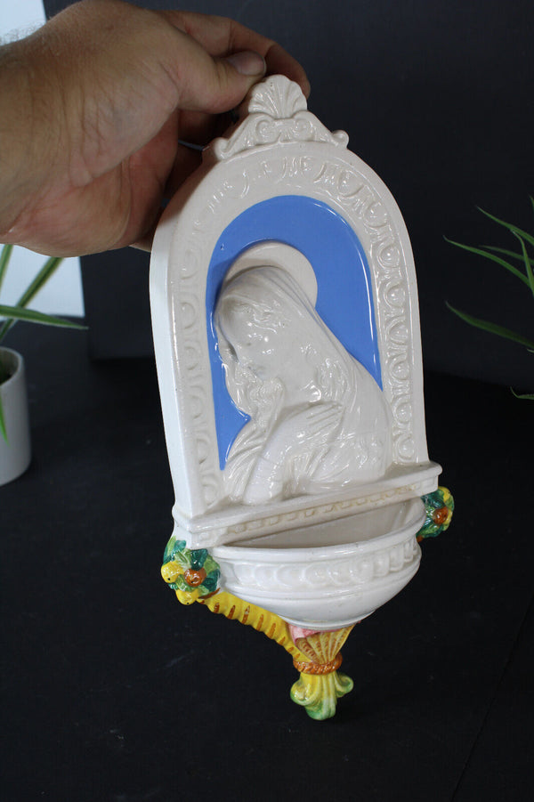 Vintage italian ceramic madonna relief holy water font wal religious