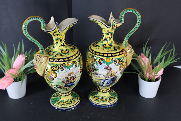 PAIR italian ceramic Satyr head romantic decor Vases ewer pitchers
