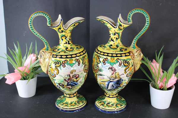 PAIR italian ceramic Satyr head romantic decor Vases ewer pitchers