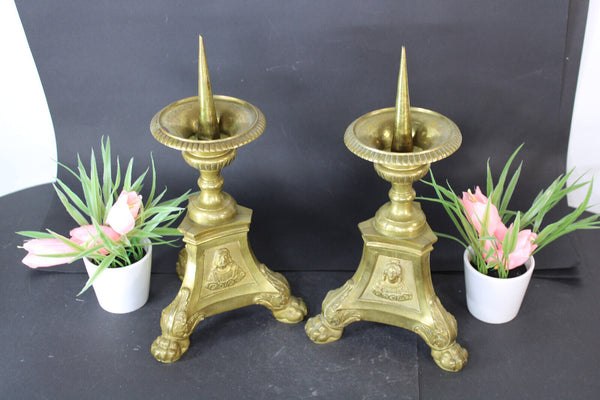 PAIR bronze altar church tripod jesus mary angel candle holder candlestick