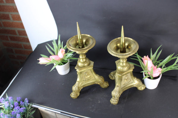 PAIR bronze altar church tripod jesus mary angel candle holder candlestick