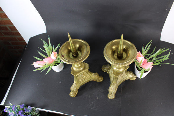 PAIR bronze altar church tripod jesus mary angel candle holder candlestick