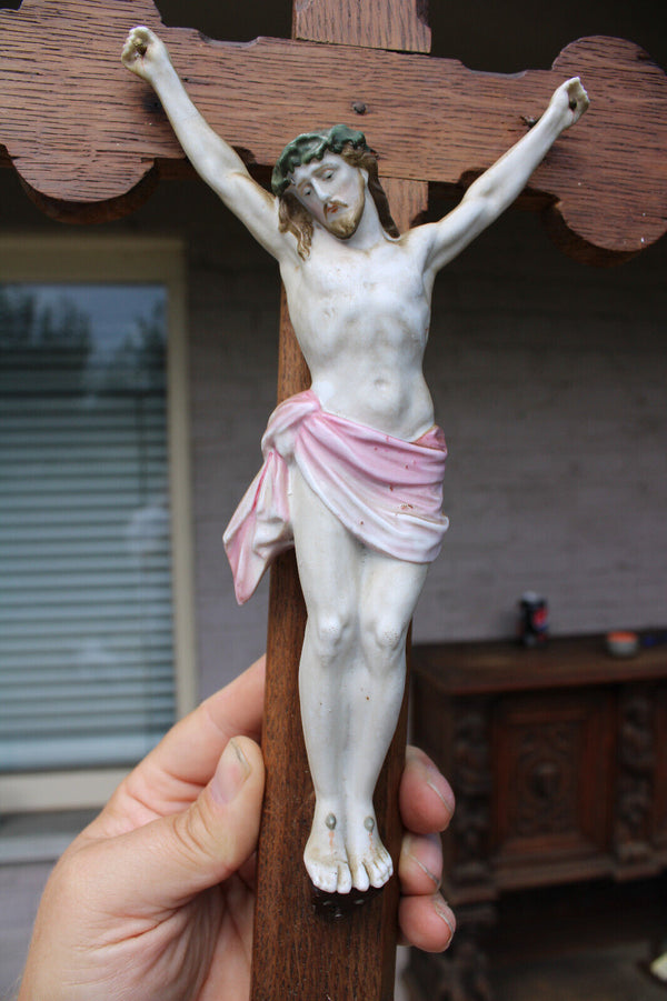 Antique French wood carved crucifix fleur de lys bisque porcelain corpus
