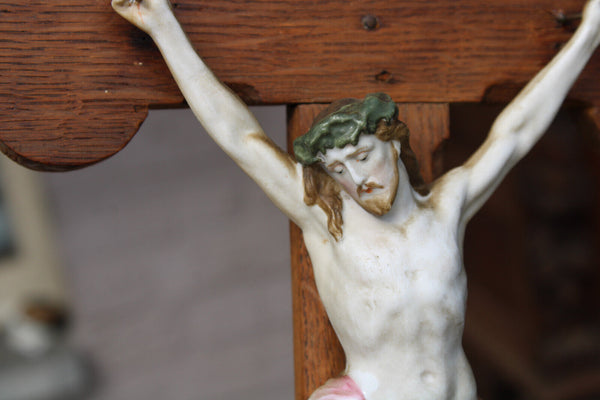 Antique French wood carved crucifix fleur de lys bisque porcelain corpus