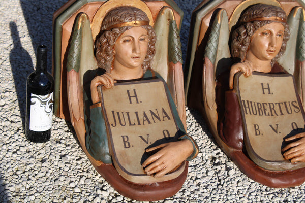 PAIR XL antique Church wall console angel for saint JULIANA HUBERTUS rare religy