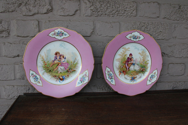 PAIR Sevres porcelain marked pink hand paint romantic decor plates