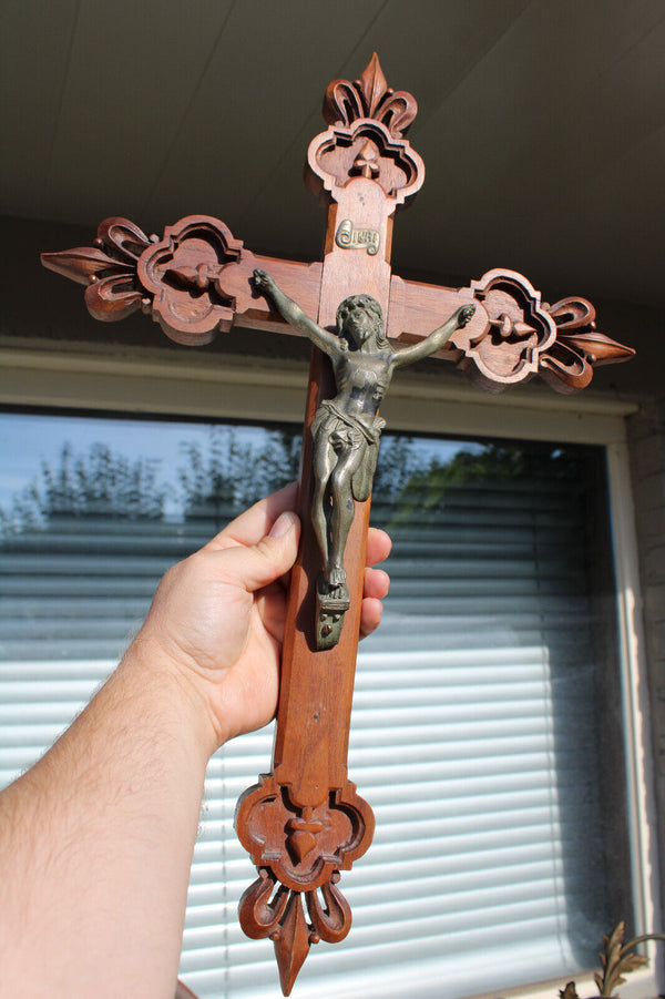 Antique wood carved crucifix fleur de lys religious wall church cross